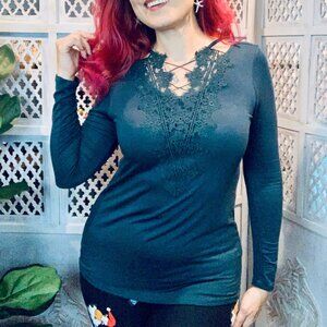 Criss Cross Lace Detail Long Sleeve Top - Hunter Green